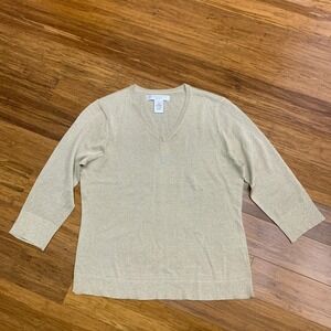 Pursuits LTD Sweater Women Petite Small Gold Metallic V Neck 3/4 Sleeve Top Silk